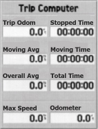 Страница путевого компьютера имеет 8 полей с обнуляемыми данными: путевой одометр (общее пройденное расстояние), время остановок (общее время, в течение которого приемник не перемещался), средняя скорость движения (рассчитанная для тех периодов, когда приемник перемещался), время движения, общая средняя скорость, общее время, максимальная скорость и одометр (общее пройденное расстояние, пройденное с момента последнего обнуления с помощью сброса 'Reset Odometer').