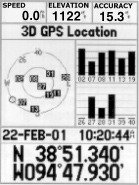 На странице спутников показаны следующие данные: скорость, высота, оценочная точность, состояние приемника, местоположение спутников, мощность спутниковых сигналов, дата, время и текущее местоположение приемника GPS.