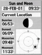 На странице (Sun and Moon) Солнца и Луны показаны данные о восходе и заходе Солнца и Луны, а также примерное расположение Солнца и Луны на небе. Вы можете получить эти данные для Вашего текущего местоположения или выбрать какое-либо другое местоположение с помощью страницы карты или меню точек.