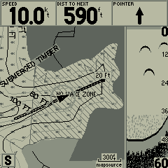 Страница MAP отражает Ваше текущее местоположение и направление движения с помощью треугольного значка, всегда расположенного в середине экрана. Кроме треугольника, по мере Вашего передвижения на экране отражается и траектория (след) Вашего пути на фоне карты загруженной с дисков MapSource Fishing Hot Spots, которая содержит различную морскую навигационную информацию (глубинные контуры, морские буи и т.д.) и детальную информацию о рыбных местах.