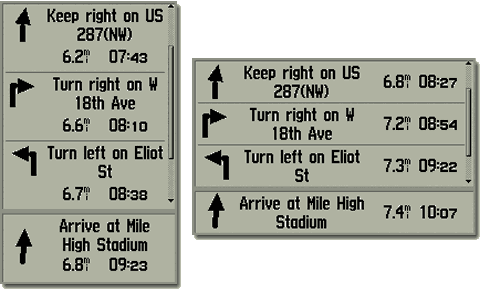 Страница Turn-by-Turn Directions - пошаговый указатель пути (поворот за поворотом). Во время пути до точки назначения, вы можете просматривать список ближайших поворотов, а также расстояние и время до них.
